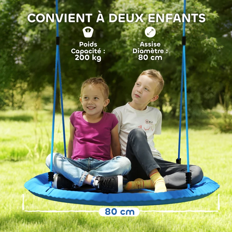 AIYAPLAY Balançoire nid d'oiseau, balançoire pour 2 enfants avec cordes réglables en hauteur, siège rond Ø 80 cm, bleu