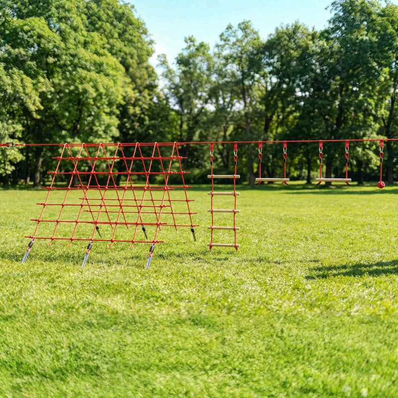 AIYAPLAY Parcours d'obstacles Ninja pour enfants 10 M kit de tyrolienne complet charge 100 kg, installation facile, rouge