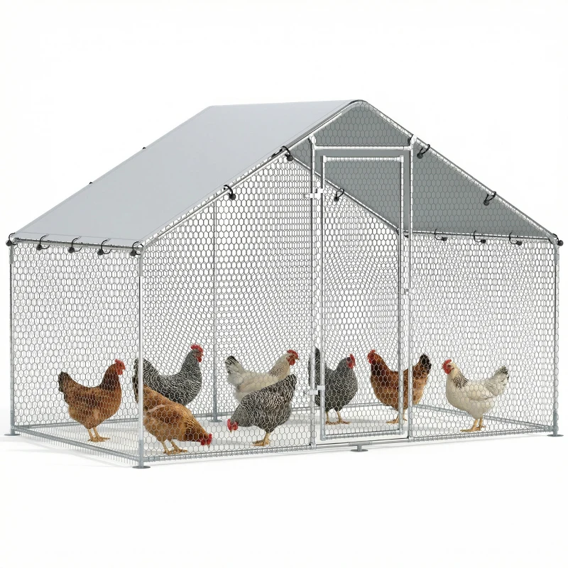 PawHut Poulailler, grand poulailler en métal avec couverture imperméable et anti-UV, cage pour 5-8 poules, 3 x 1,7 x 1,9m