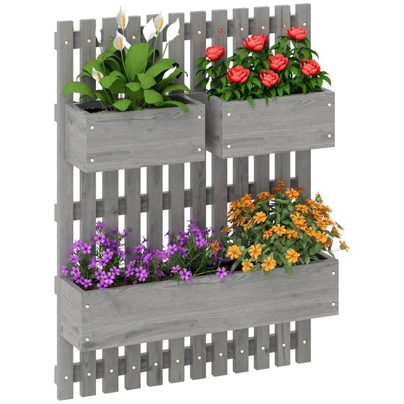 Outsunny Jardinière murale potager avec 3 bacs en bois massif amovibles, tissu non tissé, 60 x 16 x 80 cm gris