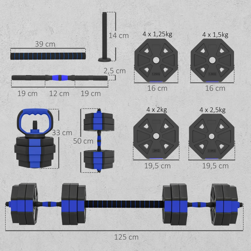 SPORTNOW Juego de Mancuernas Musculación 6-en-1 Mancuerna Ajustable 30 kg Kettlebell, Barra de Musculación Soporte para Flexiones Azul
