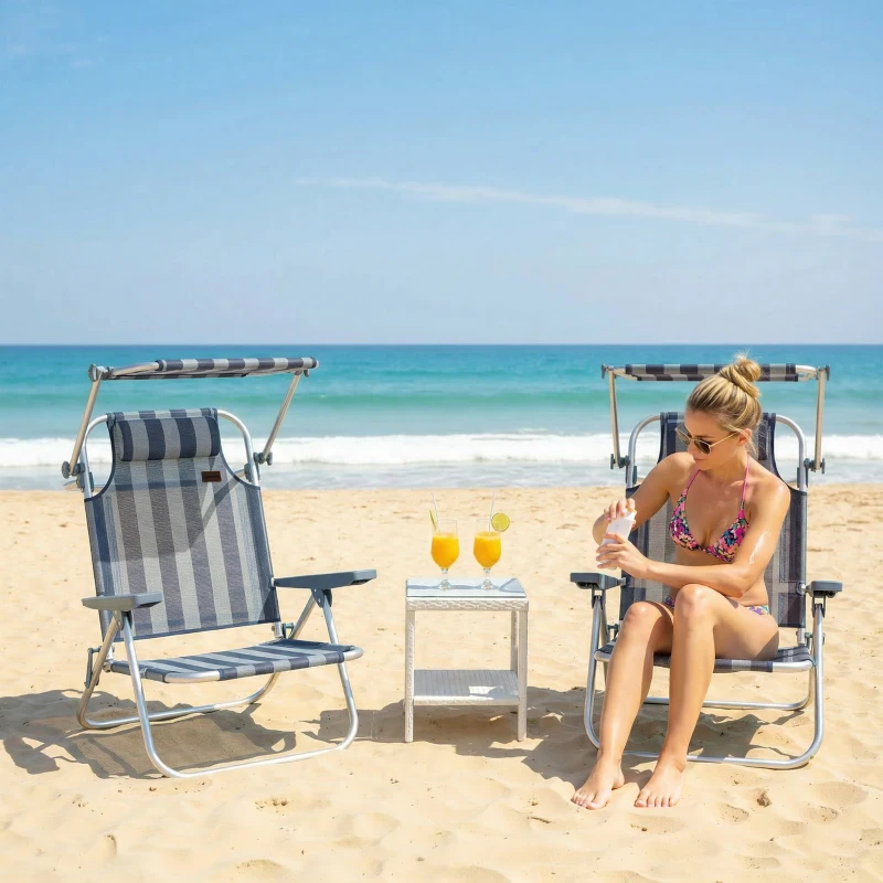 Outsunny Juego de 2 Sillas de Playa Plegables con Dosel Ajustable Respaldo Reclinable 6 Posiciones Reposacabezas Azul y Blanco