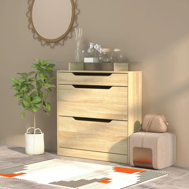 HOMCOM Armoire à Chaussures 2 tiroirs rabattables + 1 tiroir Coulissant + 1 comptoir et 1 Plateau en Verre étagère réglable