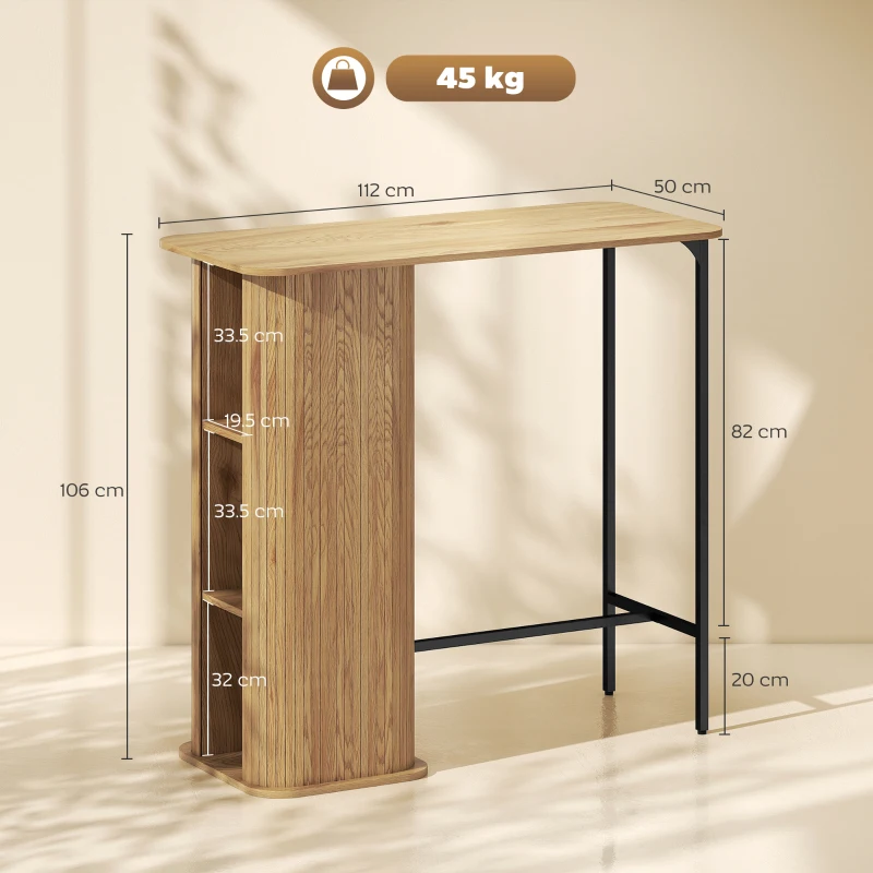 HOMCOM Table Haute Mange Debout, Table de Bar avec 3 Étagères de Rangement et Pieds en Métal, 112x50x106cm, Bois Naturel