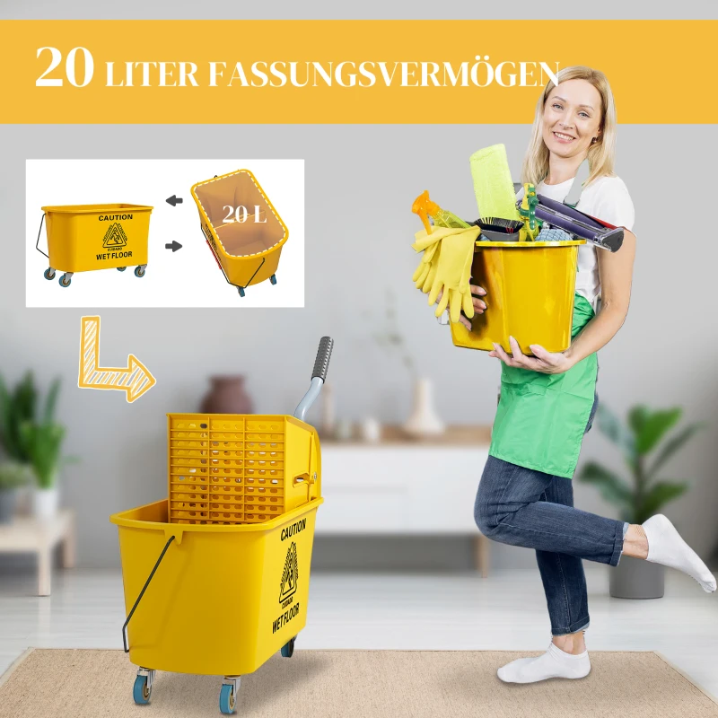HOMCOM Reinigungswagen 20L Putzwagen mit Presse und Kehrgarnitur, Eimer inkl. Mopp, Rolle
