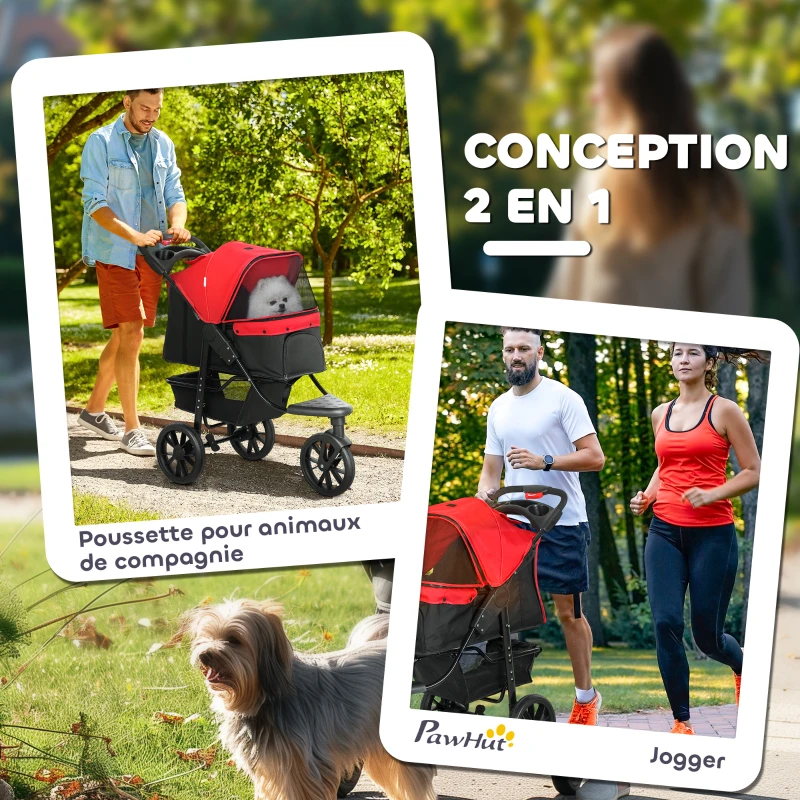 PawHut Poussette pour chien chariot pliable 3 roues tout-terrain EVA 12" auvent ajustable 2 laisses 109,5x57,5x106,5cm rouge(m-5)