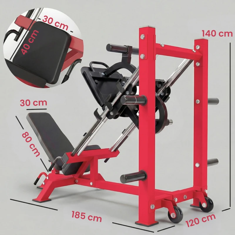 SPORTNOW Presse à Cuisses Professionnelle Machine Musculation Jambes et Hack Squat 455kg Appareil Réglable 185x120x140cm Rouge