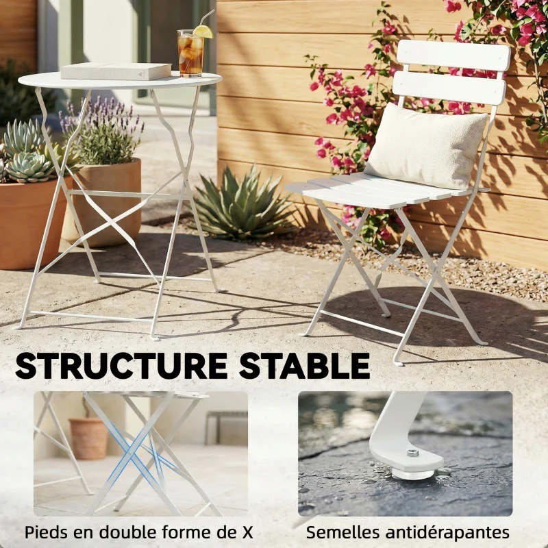 Outsunny Ensemble Bistrot de Jardin 3 Pièces Table et 2 Chaises Pliantes à Lattes Double Protection Antirouille Crème