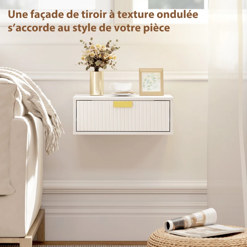 HOMCOM Lot de 2 tables de chevet murales, tables de nuit suspendues avec tiroir ondulé, 40 x 30 x 15 cm, blanc