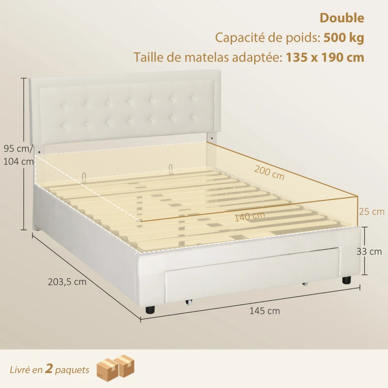 HOMCOM Cadre de lit double sommier coffre à vérins, tiroir à roulettes, tête de lit réglable capitonnée effet velours, crème