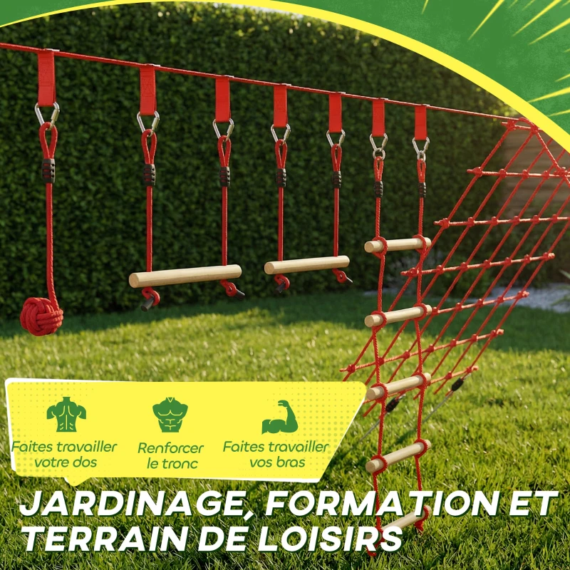 AIYAPLAY Parcours d'obstacles Ninja pour enfants 10 M kit de tyrolienne complet charge 100 kg, installation facile, rouge
