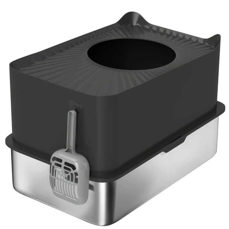 PawHut Bac à litière pour chat en acier inoxydable 85L grande capacité maison de toilette semi-fermée, 60 x 40 x 38 cm noir