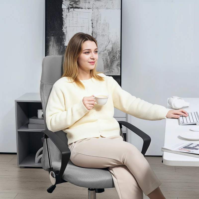 HOMCOM Fauteuil de bureau manager dossier ergonomique hauteur assise réglable pivotant tissu maille 63x65x119109-119cm gris