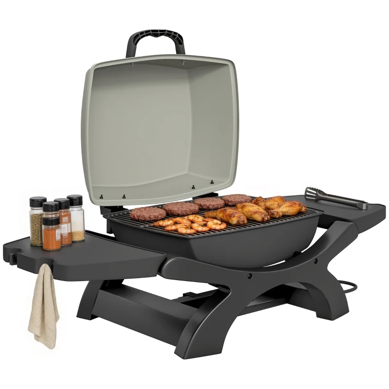 Outsunny Barbecue électrique extérieur 2300W, barbecue de table portable avec grilles émaillées, étagères latérales, noir