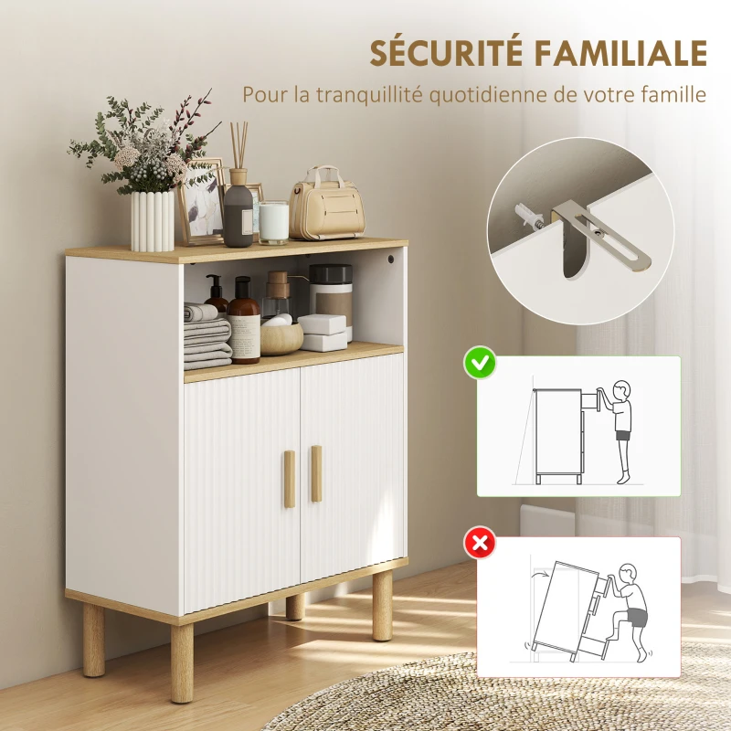 HOMCOM Meuble de salle de bain, meuble de rangement avec 2 portes, compartiment ouvert, étagère réglable, 60x29,5x76,5cm, blanc