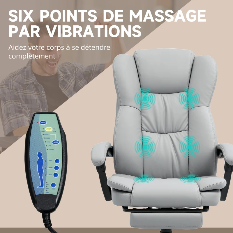 Vinsetto Fauteuil de bureau massant, chaise de bureau avec hauteur réglable, dossier inclinable et télécommande filaire, gris