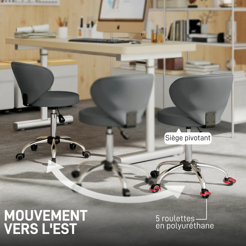 HOMCOM Tabouret à roulettes, tabouret de massage en PU avec hauteur réglable 73-88 cm et dossier, pivotant 360°, gris