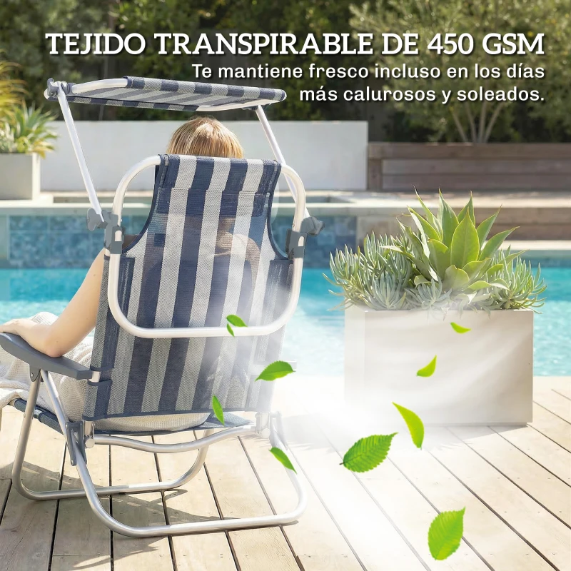 Outsunny Juego de 2 Sillas de Playa Plegables con Dosel Ajustable Respaldo Reclinable 6 Posiciones Reposacabezas Azul y Blanco