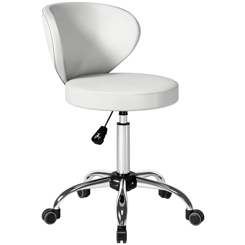 HOMCOM Tabouret à roulettes, tabouret de massage en PU avec hauteur réglable 73-88 cm et dossier, pivotant 360°, blanc