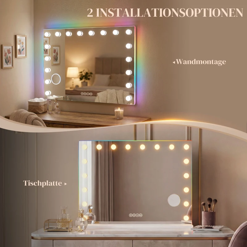 HOMCOM Hollywood Schminkspiegel mit 18 dimmbaren LED-Lampen, 3 Farben, RGB-Licht, Bluetooth-Lautsprecher, 10x Vergrößerung Weiß