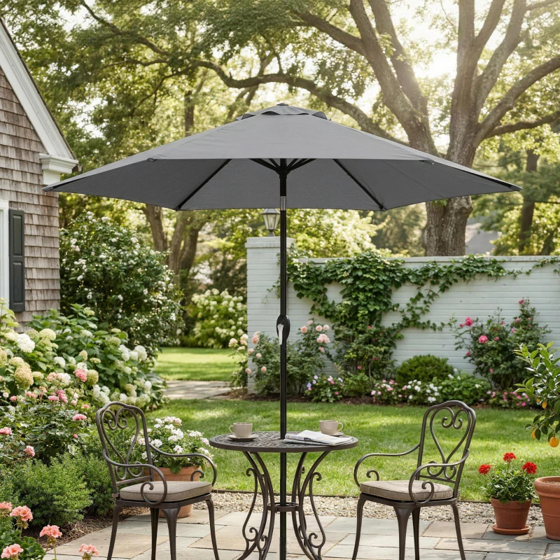 Outsunny Parasol de jardín exterior redondo 2m, inclinable a 30°, manivela, mástil en aluminio, tela 180 g/m², anti-UV, gris oscuro