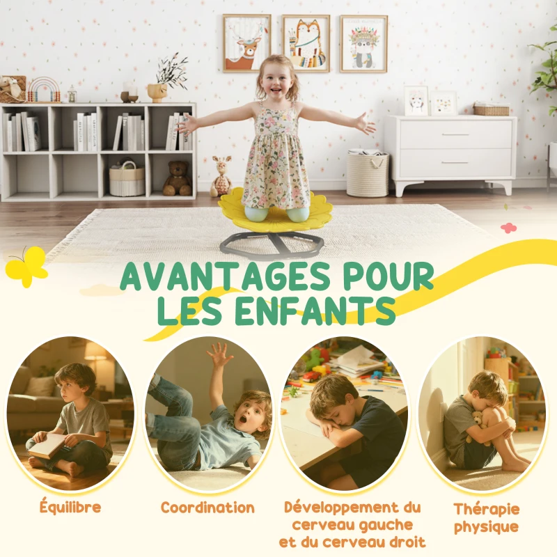 AIYAPLAY Chaise pivotante sensorielle pour enfant, siège pivotant pour l'entraînement de l'équilibre et de la coordination, jaune