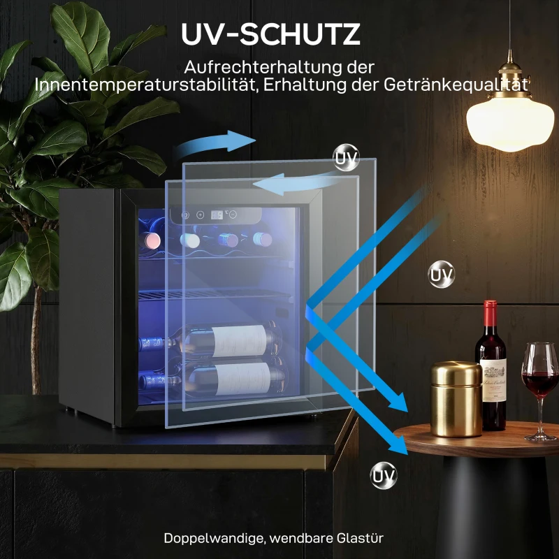 HOMCOM Weinkühler für 12 Flaschen, 36 L Kapazität, 4–16°C, Unterbau Kühlschrank für Getränke und Bier, mit Glastür, LED-Licht