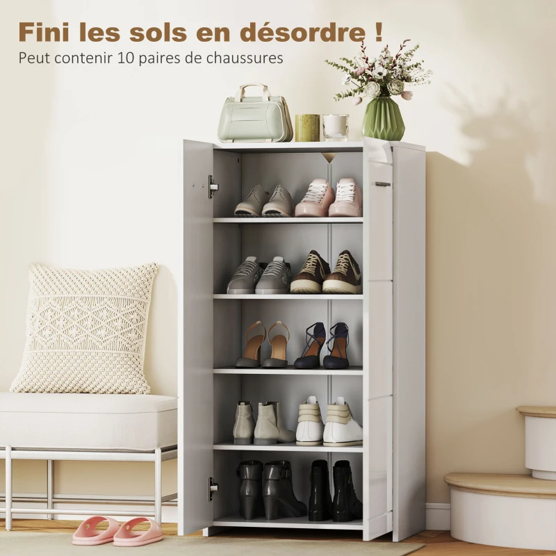 HOMCOM Meuble à chaussures 10 paires, armoire à chaussures à haute brillance 5 niveaux, étagères réglables, 55x36x108cm, blanc