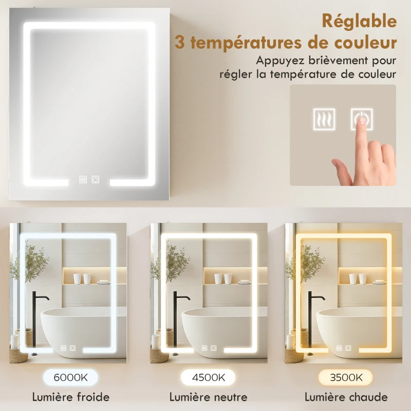 HOMCOM Armoire murale salle de bain avec miroir et éclairage LED, anti-buée, étagères réglables, 50 x 15 x 60 cm, blanc