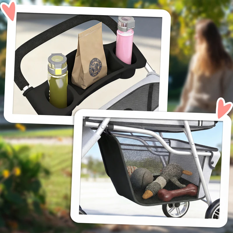 PawHut Carrito para Perros Pequeños Plegable hasta 10 kg con 3 Ruedas Capota Ajustable Cesta Ventanas de Malla Portavasos Gris