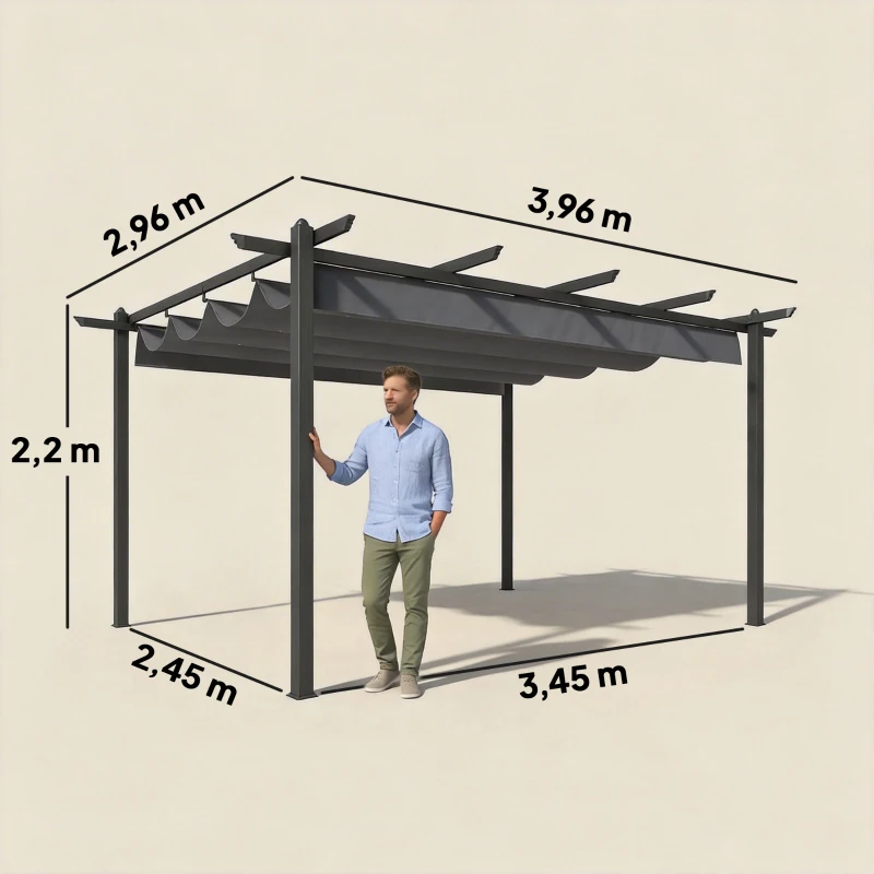 Outsunny Pérgola de Jardim 4x3 m com Telhado Retrátil Estrutura de Alumínio UPF30+ Orifícios de Drenagem Cinza