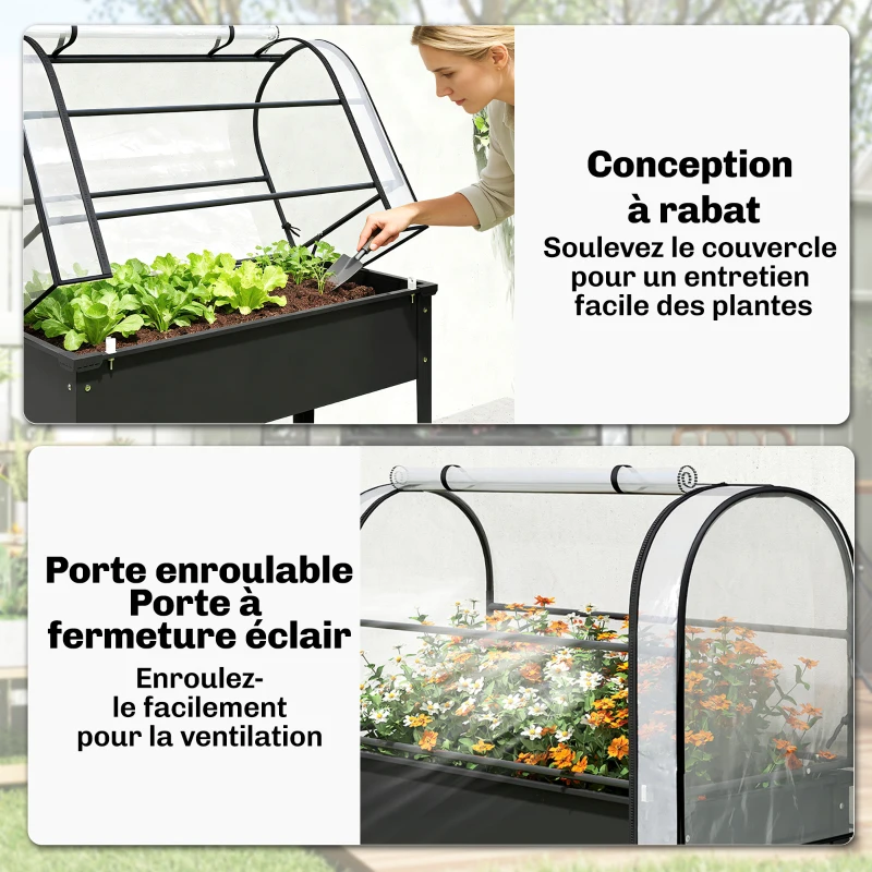 Outsunny Potager sur Pieds avec Serre Rabattable, Jardinière Surélevée en Métal avec Trou de Drainage, 100 x 49 x 136 noir
