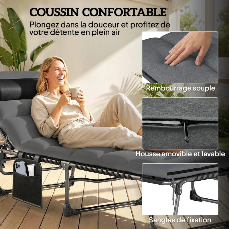 Outsunny Chaise longue jardin extérieur, Bain de soleil Pliable, dossier inclinable sur 5 positions, 200 x 57 x 38 cm, gris Foncé
