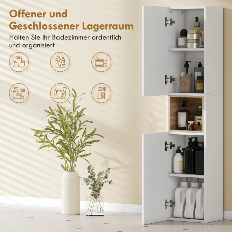 HOMCOM Badezimmerschrank, freistehend mit 2 Türen und offenem Regal, Weiß