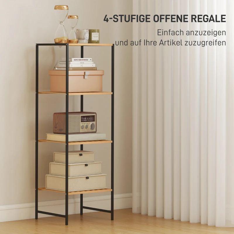 HOMCOM Standregal Badregal aus Bambus und Stahl, mit 4 Ablagen, 4-stöckiges Bücherregal, 36,5 x 33 x 110 cm, Natur