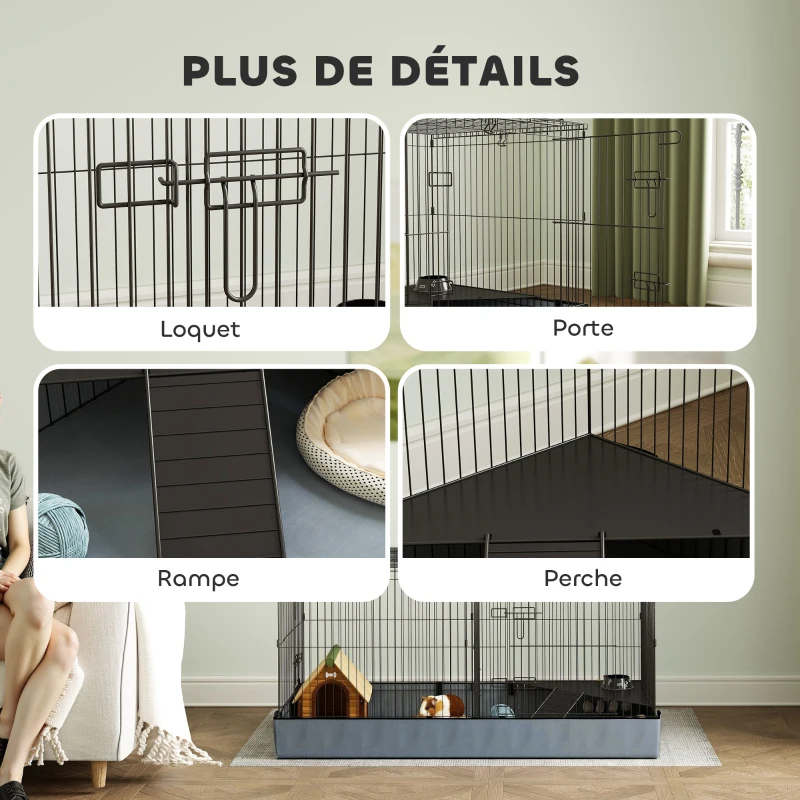 PawHut Cage pour petits animaux 2 en 1 avec dessus amovible enclos lapin 2 zones séparées rampe 121 x 61 x 61 cm en acier noir