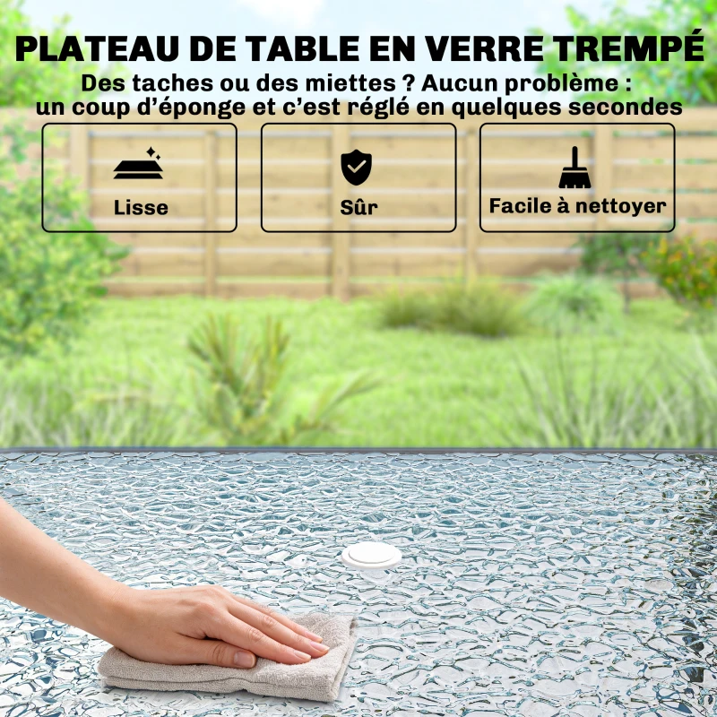 Outsunny Salon de jardin extérieur 8 pièces, table de jardin extérieure 6 chaises Pliantes parasol plateau en Verre Trempé, Gris
