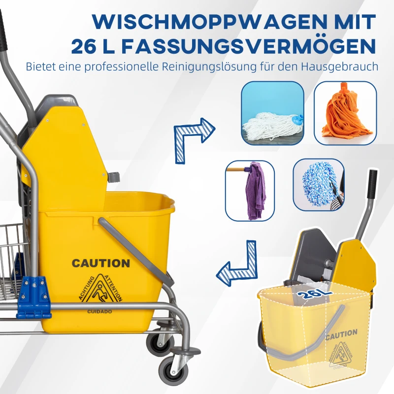 HOMCOM Reinigungseimer, Wischmoppeimer, rollbar, Kunststoff, Metallgriff, Gelb