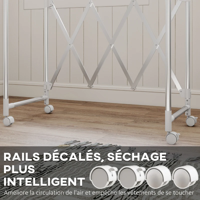 HOMCOM Séchoir à linge pliable étendoir linge intérieur à 3 barres réglables et 4 roulettes 104-150 x 103 x 145-197 cm argent