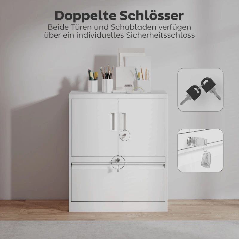 HOMCOM Aktenschrank Büroschrank Abschließbar Mehrzweckschrank aus Stahl mit 2 Türen, Verstellbaren Regalen Weiß