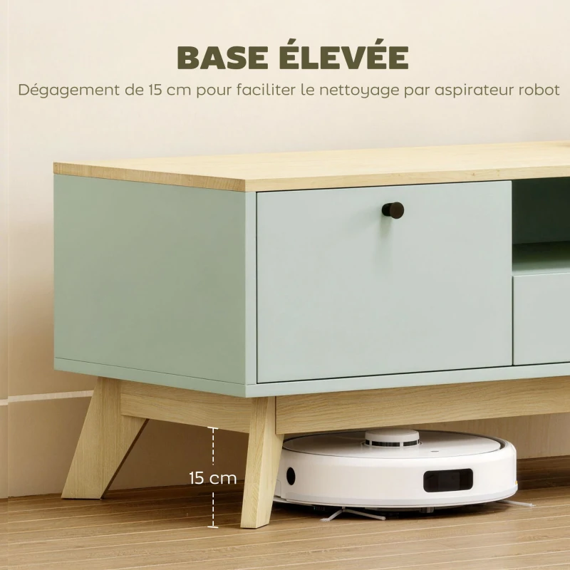 HOMCOM Table basse de salon, table d'appoint rectangulaire avec tiroir, porte et compartiment ouvert, vert clair et chêne