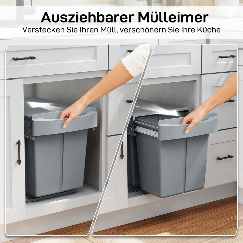 HOMCOM Ausziehbarer Mülleimer, 2 x 20 L, entnehmbare Behälter, Kunststoff, Metall, Grau