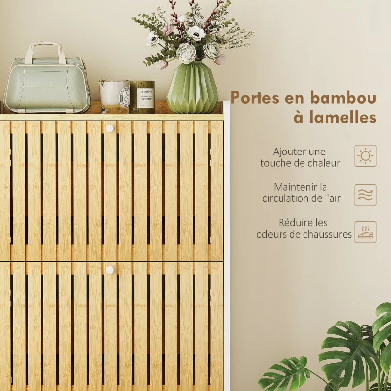 HOMCOM Meuble à chaussures 18 paires avec 3 tiroirs rabattables, portes en bambou à lattes, 60x24x118cm, blanc et bois naturel