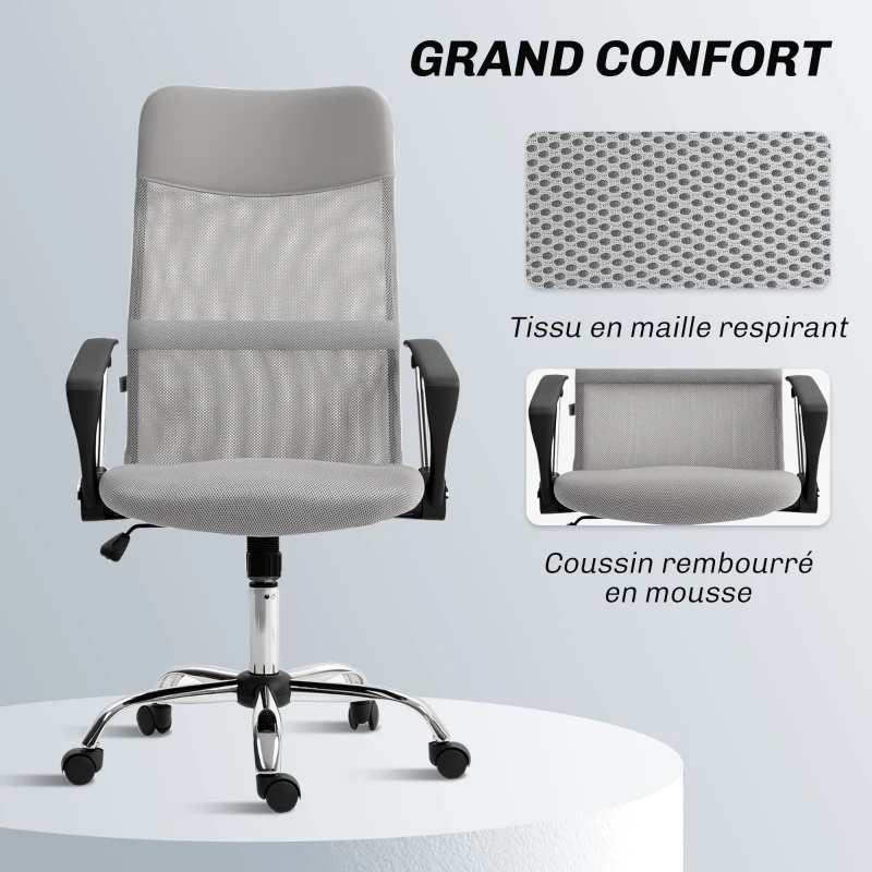 HOMCOM Fauteuil de bureau manager dossier ergonomique hauteur assise réglable pivotant tissu maille 63x65x119109-119cm gris