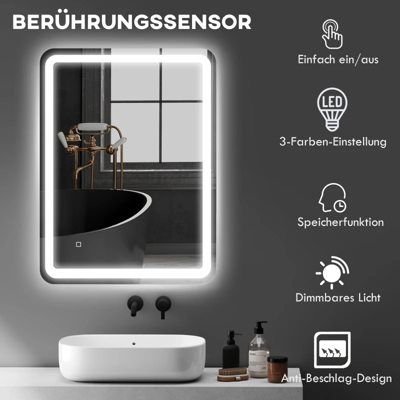 HOMCOM Badezimmerspiegel, beleuchtet, Touch-Steuerung, beschlagfrei, dimmbar, 3 Lichtfarben, 60 x 80, Silber