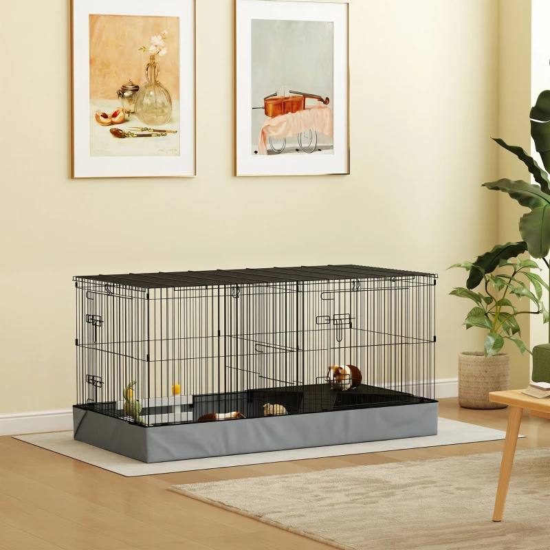 PawHut Cage pour petits animaux 2 en 1 avec dessus amovible enclos lapin 2 zones séparées rampe 121 x 61 x 61 cm en acier noir