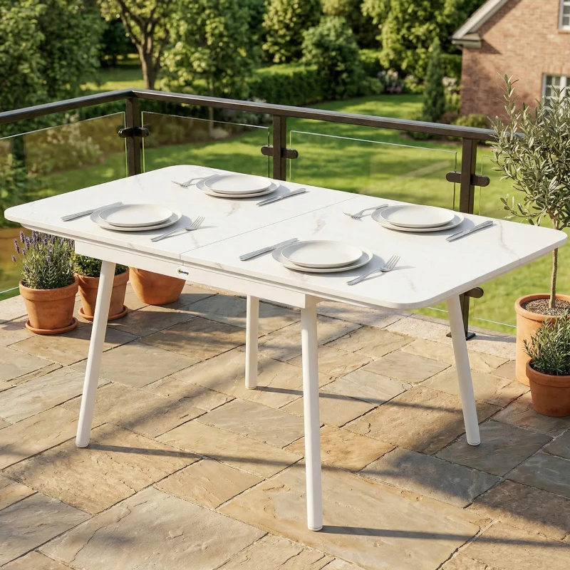 Outsunny Table de Jardin Rectangulaire pour 4-6 Personnes, Plateau en WPC et Cadre en Métal, Pieds Réglables, 140x80x75cm, Blanc
