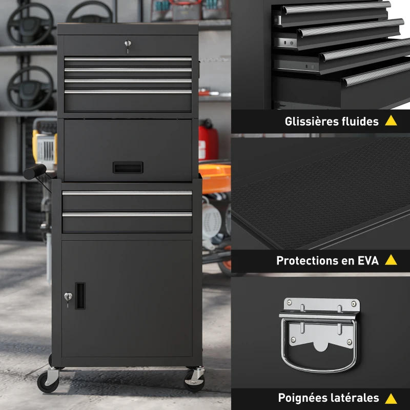 HOMCOM Servante d'atelier en acier verrouillable, chariot à outils sur roulettes 3 en 1 avec 6 tiroirs et panneau perforé, noir