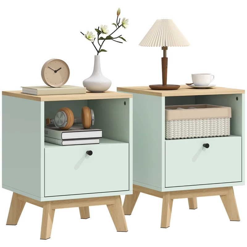 HOMCOM Set de 2 noptiere, noptiere cu sertar și compartiment deschis, 40 x 40 x 55 cm, stejar și verde deschis