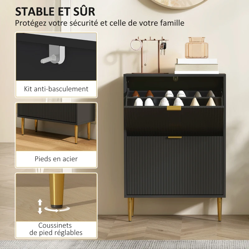 HOMCOM Meuble à chaussures 12 paires avec 2 tiroirs rabattables, portes cannelées et étagères réglables, 60x24x91,5cm, noir